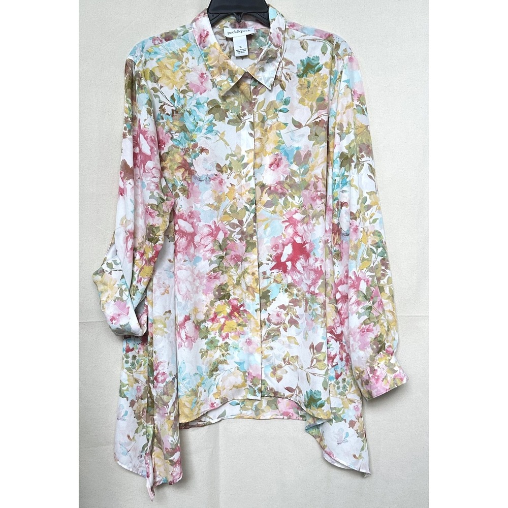Peck &‎ Peck Floral Watercolor Button Down Roll Tab Sleeve Tunic XL Lagenlook - Picture 9 of 10